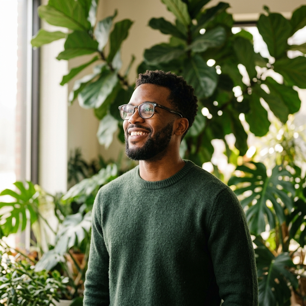 Professional man looking up and smiling